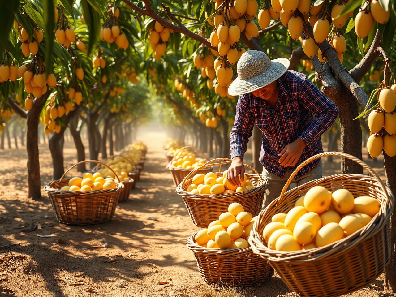 Farmers hand-harvesting mangoes into woven baskets